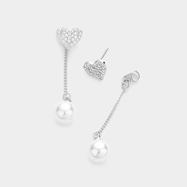 Brass Metal CZ Embellished Heart Pearl Link Dangle Earrings