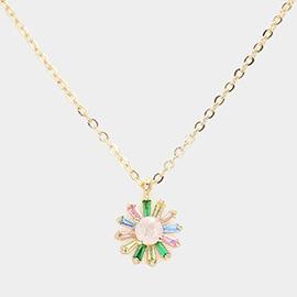 Brass Metal CZ Flower Pendant Necklace