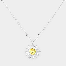 Brass Metal CZ Flower Pendant Necklace