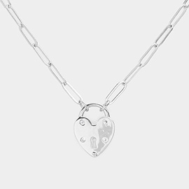Brass Metal CZ Embellished Heart Lock Pendant Necklace