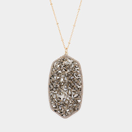 Beaded Raffia Wrapped Hexagon Pendant Long Necklace