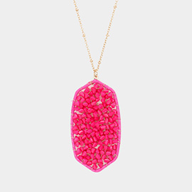 Beaded Raffia Wrapped Hexagon Pendant Long Necklace