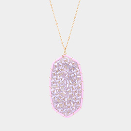 Beaded Raffia Wrapped Hexagon Pendant Long Necklace
