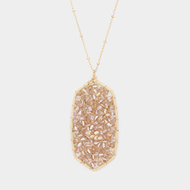 Beaded Raffia Wrapped Hexagon Pendant Long Necklace