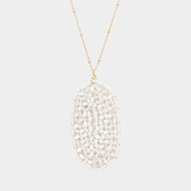 Beaded Raffia Wrapped Hexagon Pendant Long Necklace