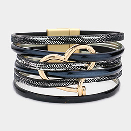 Metal Heart Accented Faux Leather Magnetic Bracelet