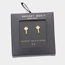 Secret Box _ 14K Gold Dipped CZ Key Stud Earrings