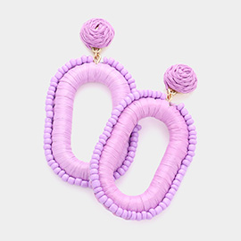 Seed Bead Trimmed Raffia Wrapped Open Oval Dangle Earrings