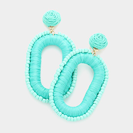 Seed Bead Trimmed Raffia Wrapped Open Oval Dangle Earrings