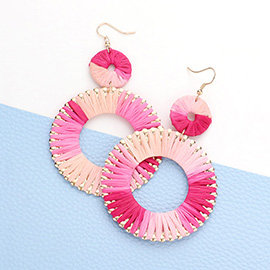 Raffia Wrapped Double Open Circle Link Dangle Earrings