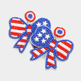American USA Flag Beaded Ribbon Dangle Earrings
