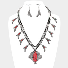 Teardrop Natural Stone Pendant Metal Leaf Charms Necklace
