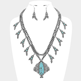 Teardrop Natural Stone Pendant Metal Leaf Charms Necklace