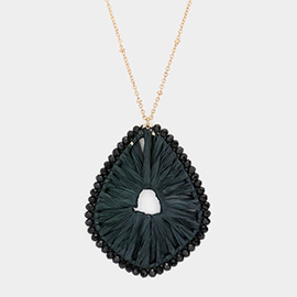 Faceted Bead Trimmed Woven Raffia Pendant Long Necklace