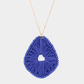 Faceted Bead Trimmed Woven Raffia Pendant Long Necklace