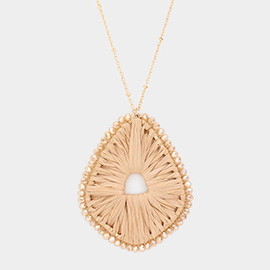 Faceted Bead Trimmed Woven Raffia Pendant Long Necklace