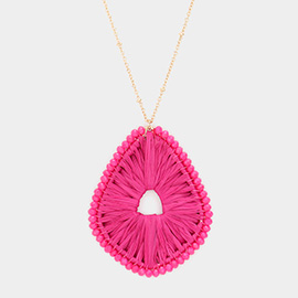 Faceted Bead Trimmed Woven Raffia Pendant Long Necklace