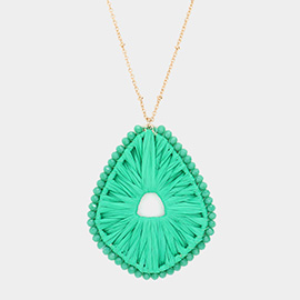 Faceted Bead Trimmed Woven Raffia Pendant Long Necklace