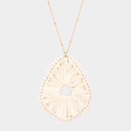 Faceted Bead Trimmed Woven Raffia Pendant Long Necklace