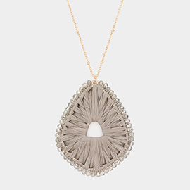 Faceted Bead Trimmed Woven Raffia Pendant Long Necklace