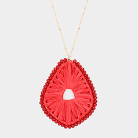 Faceted Bead Trimmed Woven Raffia Pendant Long Necklace