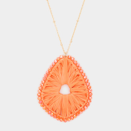 Faceted Bead Trimmed Woven Raffia Pendant Long Necklace