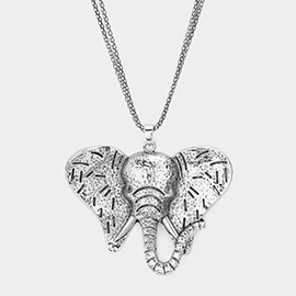 Textured Metal Elephant Pendant Double Chain Metal Long Necklace