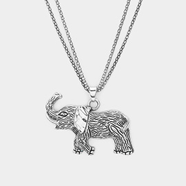 Textured Metal Elephant Pendant Double Chain Metal Long Necklace