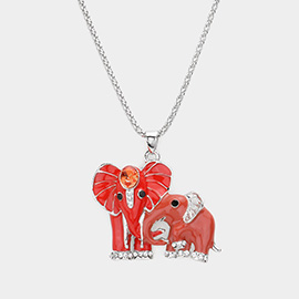 Oval Stone Accented Enamel Elephant Pendant Necklace