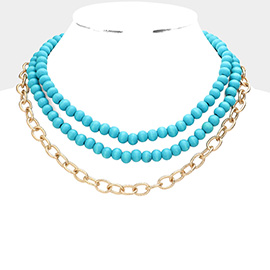 Colored Wood Open Metal Oval Link Triple Layered Necklace