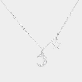 Rhinestone Embellished Crescent Moon Metal Star Pendant Necklace