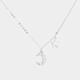 Rhinestone Embellished Crescent Moon Metal Star Pendant Necklace