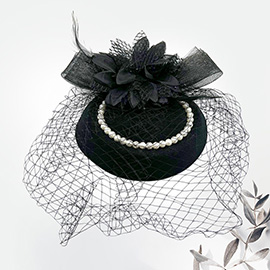 Flower Bead Feather Netting Pearl Accented Fascinator / Headband