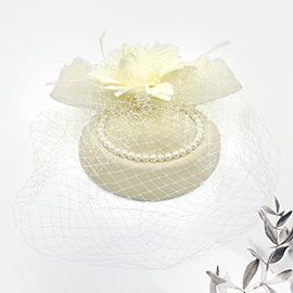 Flower Bead Feather Netting Pearl Accented Fascinator / Headband
