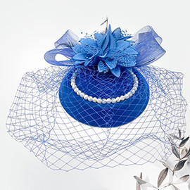 Flower Bead Feather Netting Pearl Accented Fascinator / Headband