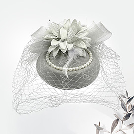 Flower Bead Feather Netting Pearl Accented Fascinator / Headband