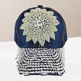 Bling Flower Embroidered Accented Baseball Cap