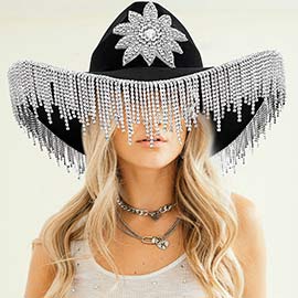 Rhinestone Fringe Flower Party Panama Cowboy Hat