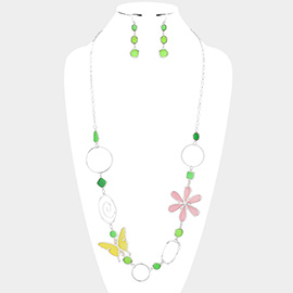 Colored Lucite Butterfly Flower Accented Long Necklace