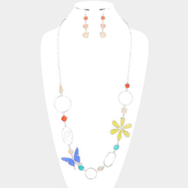 Colored Lucite Butterfly Flower Accented Long Necklace