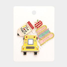 3PCS - Live Love Teach Message Pencil School Bus Apple Reading Is Cool Books Lapel Mini Pin Brooches