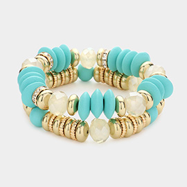 2PCS - Wood Ball Metal Beaded Stretch Bracelets
