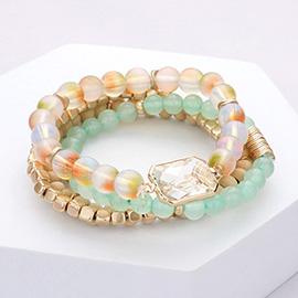 4PCS - Semi Precious Stone Wood Ball Stretch Bracelets