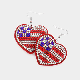 American USA Flag Bling Heart Dangle Earrings