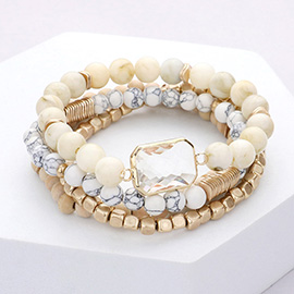 4PCS - Semi Precious Stone Wood Ball Stretch Bracelets