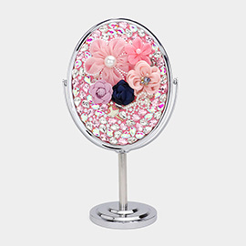 Flower Pearl Stone Embellished Makeup Tabletop Swivel Mirror