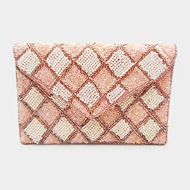Sequin Beaded Check Patterned Clutch / Crossbody Bag