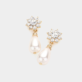 Stone Flower Teardrop Pearl Dangle Earrings