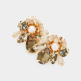 Pearl Centered Multi Stone Bead Cluster Stud Earrings