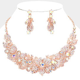 Stone Embellished Flower Leaf Evening Necklace